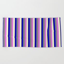 [ Thumbnail: Vibrant Black, Blue, Grey, Orchid, and Beige Colored Striped/Lined Pattern Beach Towel ]