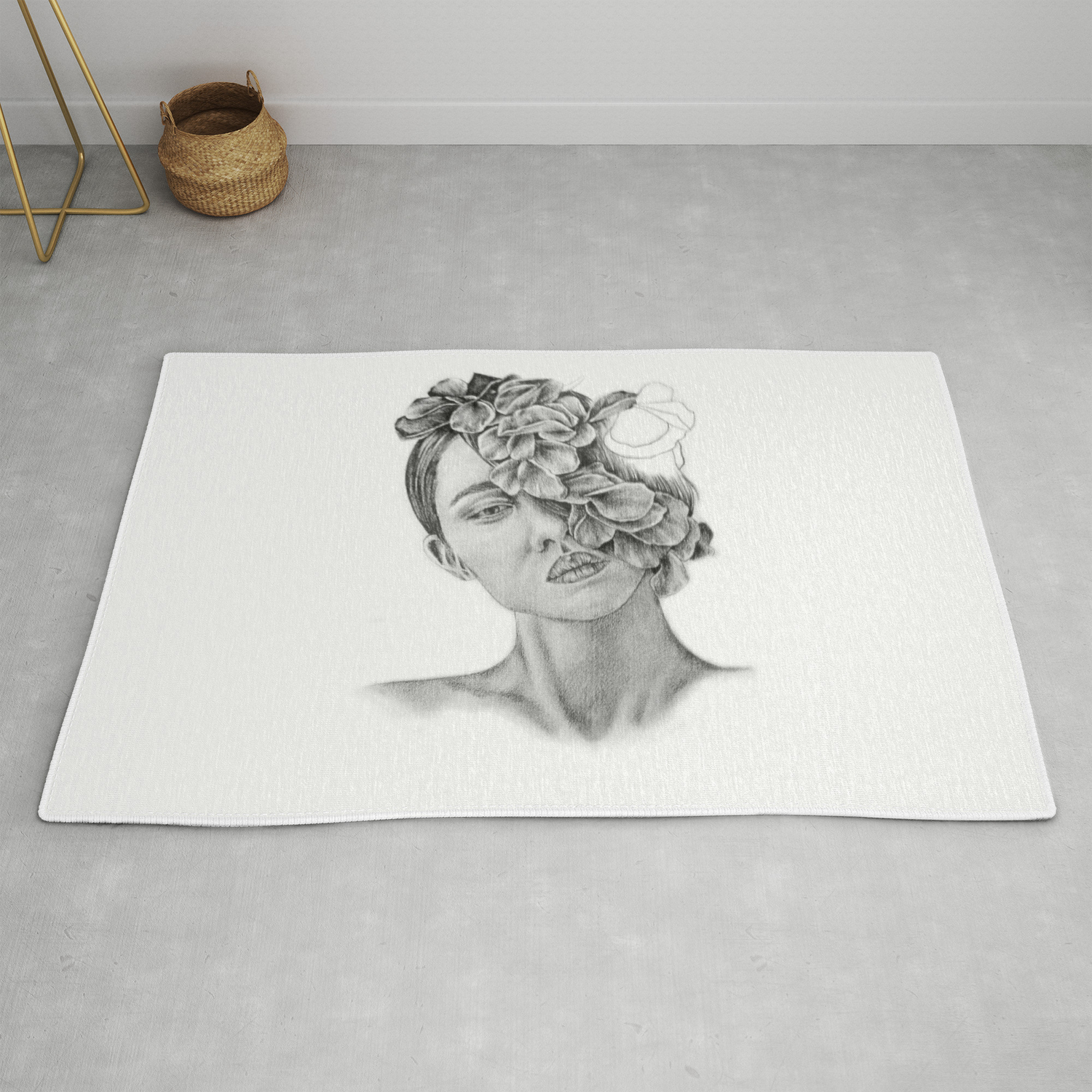 Art pencil drawing illustration portrait model flowers gift wall decor rug by kathrynlisa