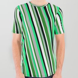 [ Thumbnail: Eye-catching Green, Grey, Forest Green, White, and Black Colored Stripes/Lines Pattern All Over Graphic Tee ]