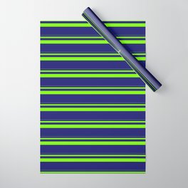 [ Thumbnail: Green & Midnight Blue Colored Stripes Pattern Wrapping Paper ]