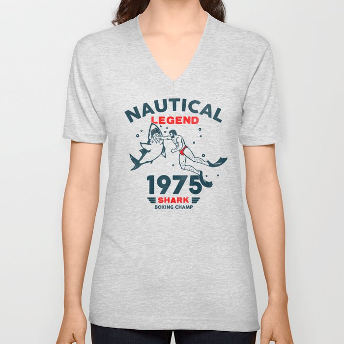 Nautical Legend: Shark Boxing Champ, 1975 V Neck T Shirt