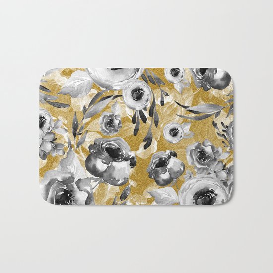 Black and white flowers with gold Bath Mat