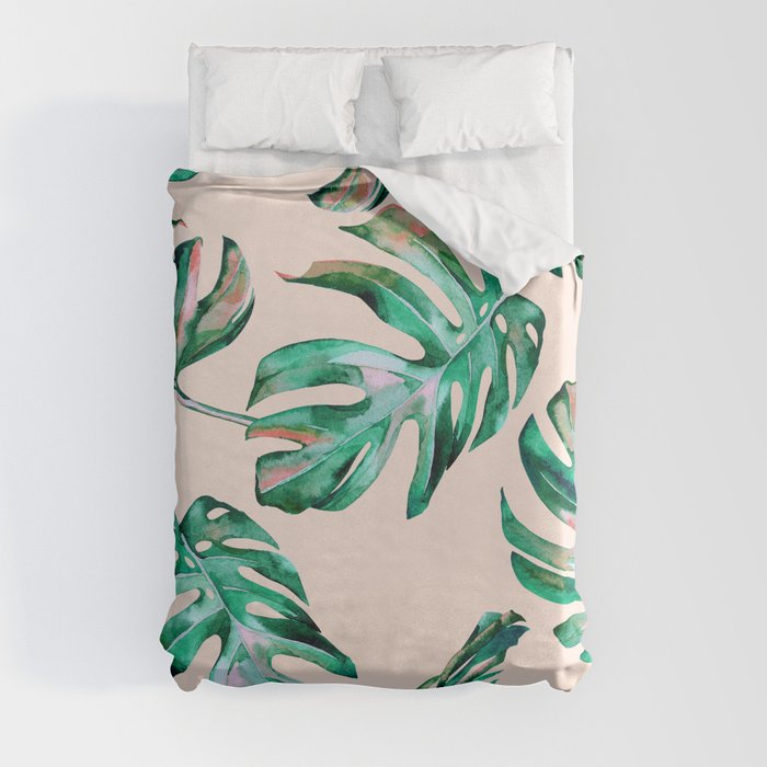 Tropical Palm Leaves Coral Greenery Duvet Cover