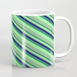[ Thumbnail: Midnight Blue, Sea Green, Green & Dark Sea Green Colored Stripes Pattern Coffee Mug ]