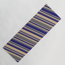 [ Thumbnail: Tan, Dim Gray, and Midnight Blue Colored Lined Pattern Yoga Mat ]