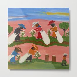 African American Masterpiece 'Six Figures Picking Cotton' folk art painting by Clementine Hunter Metal Print