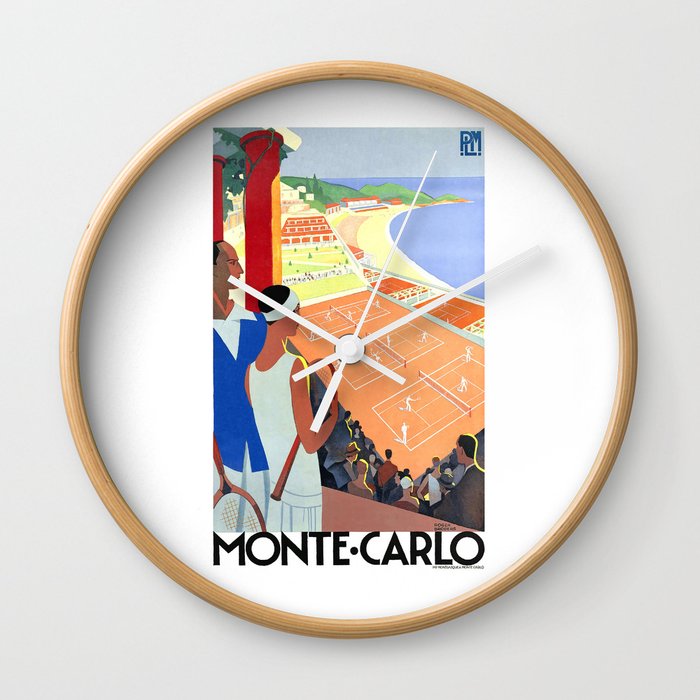 1930 MONTE CARLO Tennis Monaco Travel Poster Wall Clock