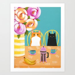 French Press Coffee Cats and Bananas Art Print