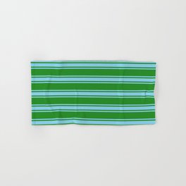 [ Thumbnail: Forest Green and Sky Blue Colored Lined/Striped Pattern Hand & Bath Towel ]