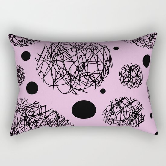 Scribbles II - Abstract black scribbles and black circles pattern on pink Rectangular Pillow