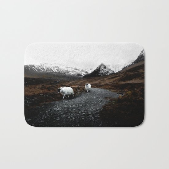 SHEEP - MOUNTAINS - SNOW - ROAD - PHOTOGRAPHY - FUNNY Bath Mat