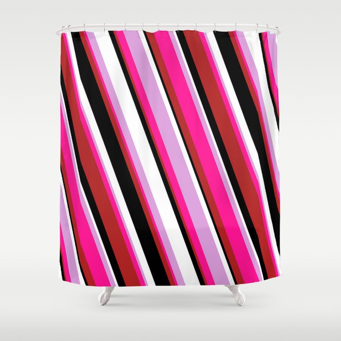 Eyecatching Plum, Deep Pink, Red, Black & White Colored Lined/Striped Pattern Shower Curtain