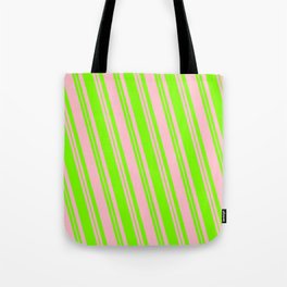 [ Thumbnail: Pink & Green Colored Lined/Striped Pattern Tote Bag ]