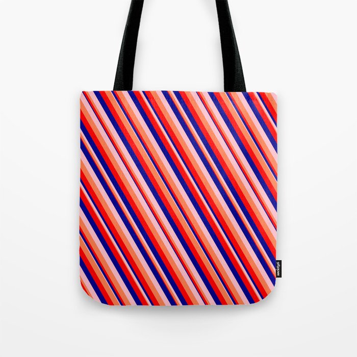 Pink, Coral, Red, and Dark Blue Colored Pattern of Stripes Tote Bag