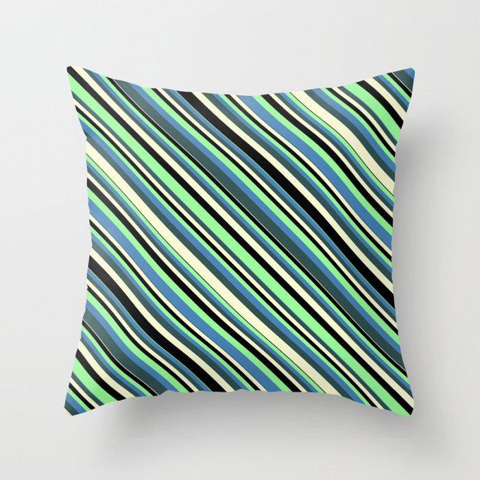 Colorful Green, Blue, Dark Slate Gray, Light Yellow, and Black Colored Stripes/Lines Pattern Throw Pillow