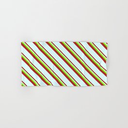 [ Thumbnail: Chartreuse, Red & Light Cyan Colored Lined/Striped Pattern Hand & Bath Towel ]