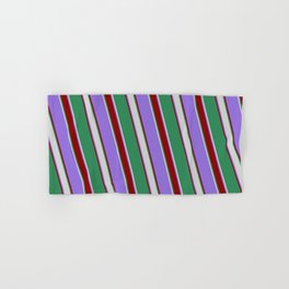 [ Thumbnail: Purple, Dark Red, Sea Green, and Light Grey Colored Lines Pattern Hand & Bath Towel ]