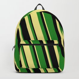 [ Thumbnail: Black, Forest Green, and Tan Colored Stripes Pattern Backpack ]