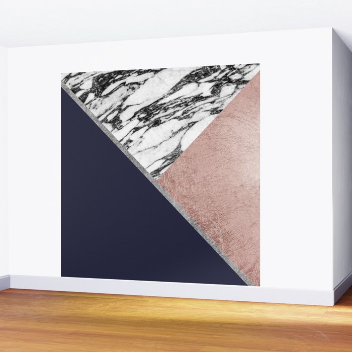 Marble Rose Gold Navy Blue Triangle Geometric Wall Mural