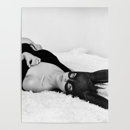 Tricks aren't for kids, silly rabbit; youn woman on plush bed in bunny ears black and white female photograph - photography - photographs Poster