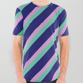 [ Thumbnail: Plum, Aquamarine & Midnight Blue Colored Lined/Striped Pattern All Over Graphic Tee ]