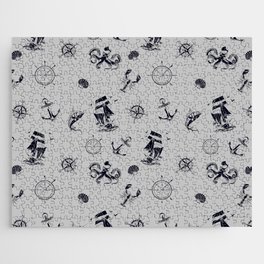 Light Grey And Blue Silhouettes Of Vintage Nautical Pattern Jigsaw Puzzle