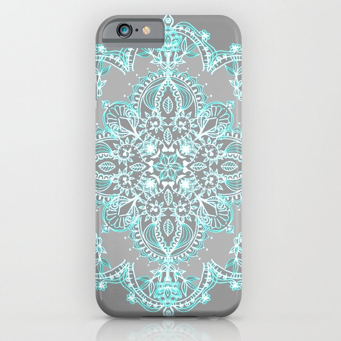 teal and aqua lace mandala on grey iphone case