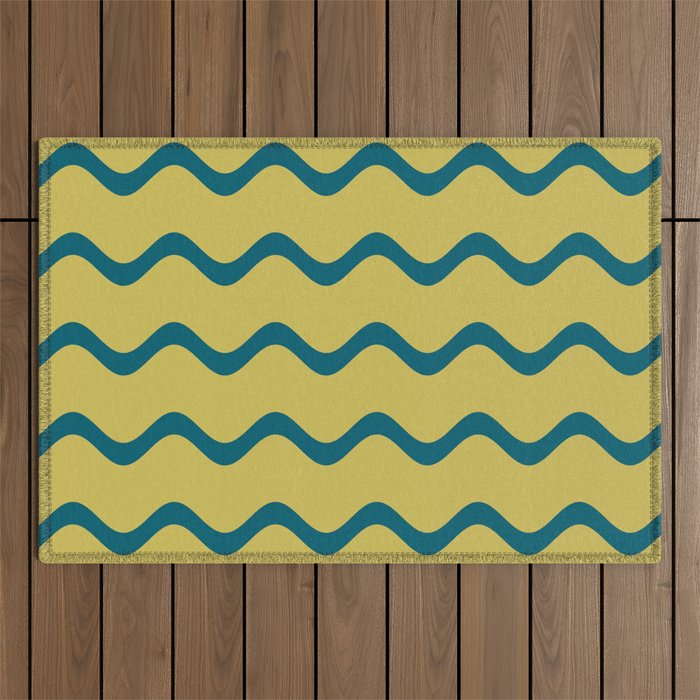 Tropical Dark Teal Simple Soft Rippled Horizontal Line Pattern Inspired by Sherwin Williams 2020 Trending Color Oceanside SW6496 on Dark Yellow Outdoor Rug