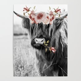 Highland Cow Landscape with Flowers Poster