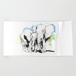 Elephant and calf pen and watercolour Beach Towel