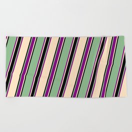[ Thumbnail: Dark Sea Green, Purple, Bisque, and Black Colored Lines Pattern Beach Towel ]