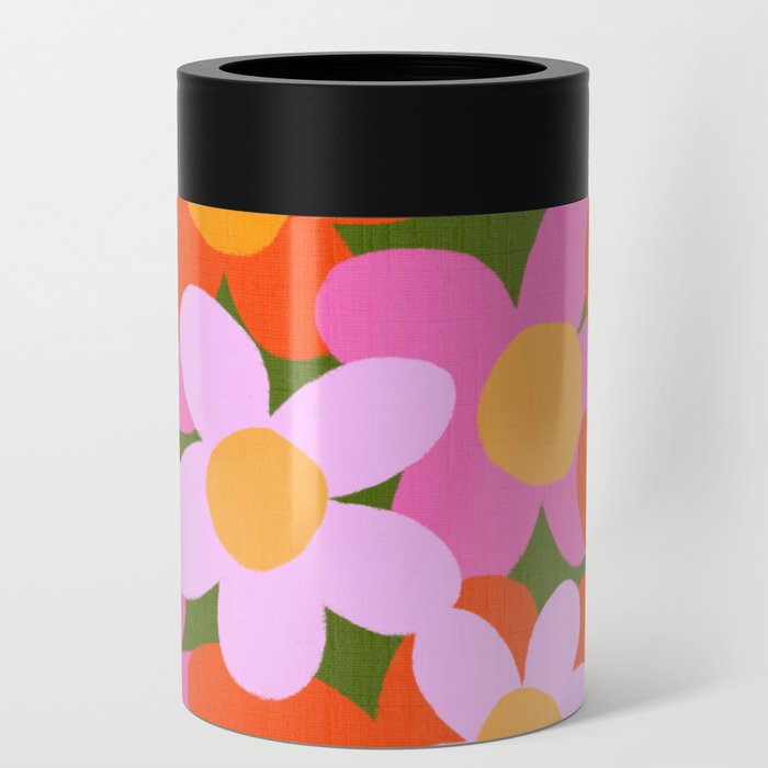 Cheerful Spring Flowers 70’s Retro Green on Navy Blue Can Cooler