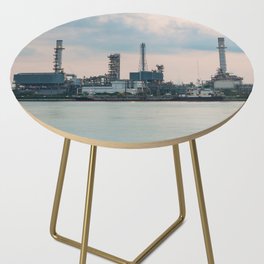 Oil refinery riverfront, vintage tone during sunrise Side Table
