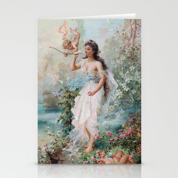 Hans Zatzka - Allegorical painting of two cherubs and a maiden in a classical landscape. Stationery Cards