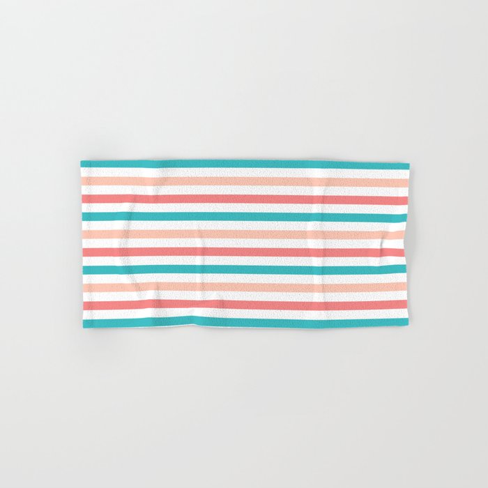 Coral and Aqua Stripes Pattern Hand Bath Towel by Whimsy Designs