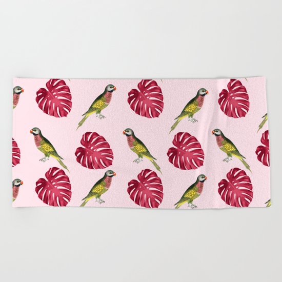 parrots and red leaves Beach Towel
