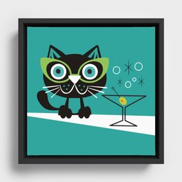 1950s Swank Mid Century Modern Martini Cocktail Kitty Cat Framed Canvas