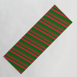 [ Thumbnail: Crimson & Dark Green Colored Lined/Striped Pattern Yoga Mat ]