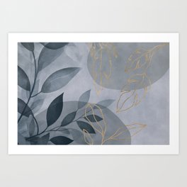 Leafy Elegance  Blue Grey And Gold Art Print