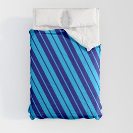 [ Thumbnail: Deep Sky Blue and Blue Colored Striped/Lined Pattern Comforter ]