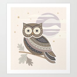 Owl Moon and Stars Art Print