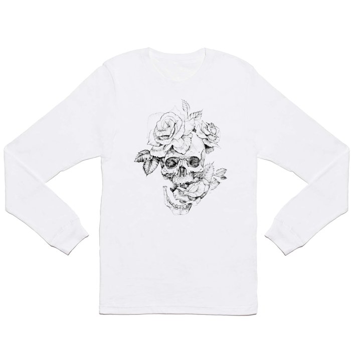 Black and White skull with roses pen drawing Long Sleeve T Shirt