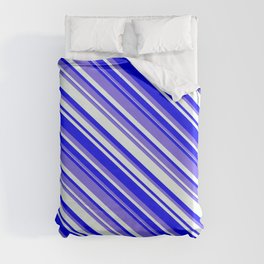 [ Thumbnail: Medium Slate Blue, Mint Cream, and Blue Colored Lines Pattern Duvet Cover ]