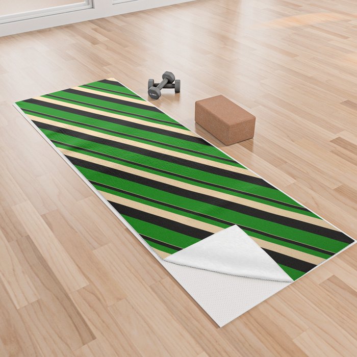 Tan, Black & Green Colored Stripes/Lines Pattern Yoga Towel