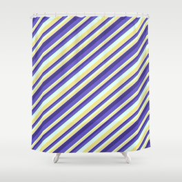[ Thumbnail: Dark Slate Blue, Slate Blue, Light Cyan, and Tan Colored Striped/Lined Pattern Shower Curtain ]