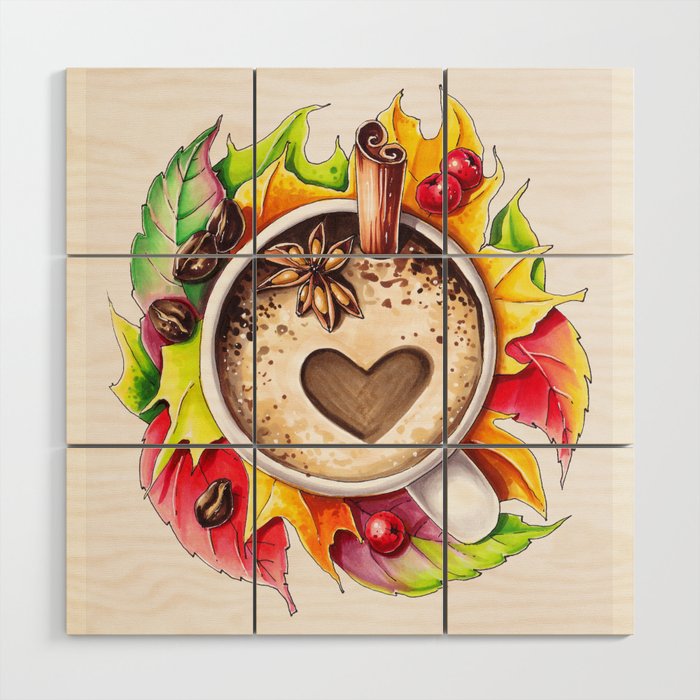 Fall and cup of coffee Wood Wall Art