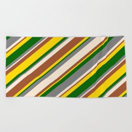 [ Thumbnail: Eye-catching Gray, Beige, Sienna, Yellow, and Dark Green Colored Lines/Stripes Pattern Beach Towel ]