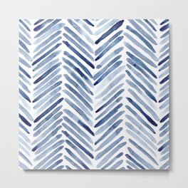 Indigo herringbone - watercolor blue chevron Metal Print