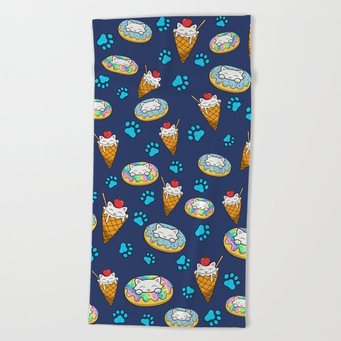 Cats and desserts pattern Beach Towel