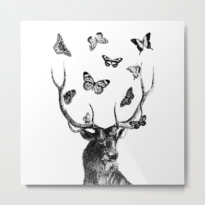 The Stag and Butterflies | Deer and Butterflies | Vintage Stag | Vintage Deer | Black and White | Metal Print